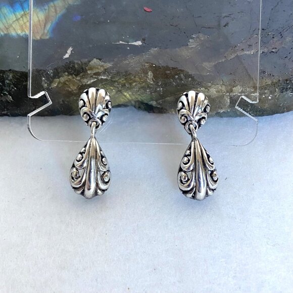 Sterling Silver 925 1" Scrollwork Dot Teardrop Pierced Dangle Drop Earrings - Picture 2 of 16